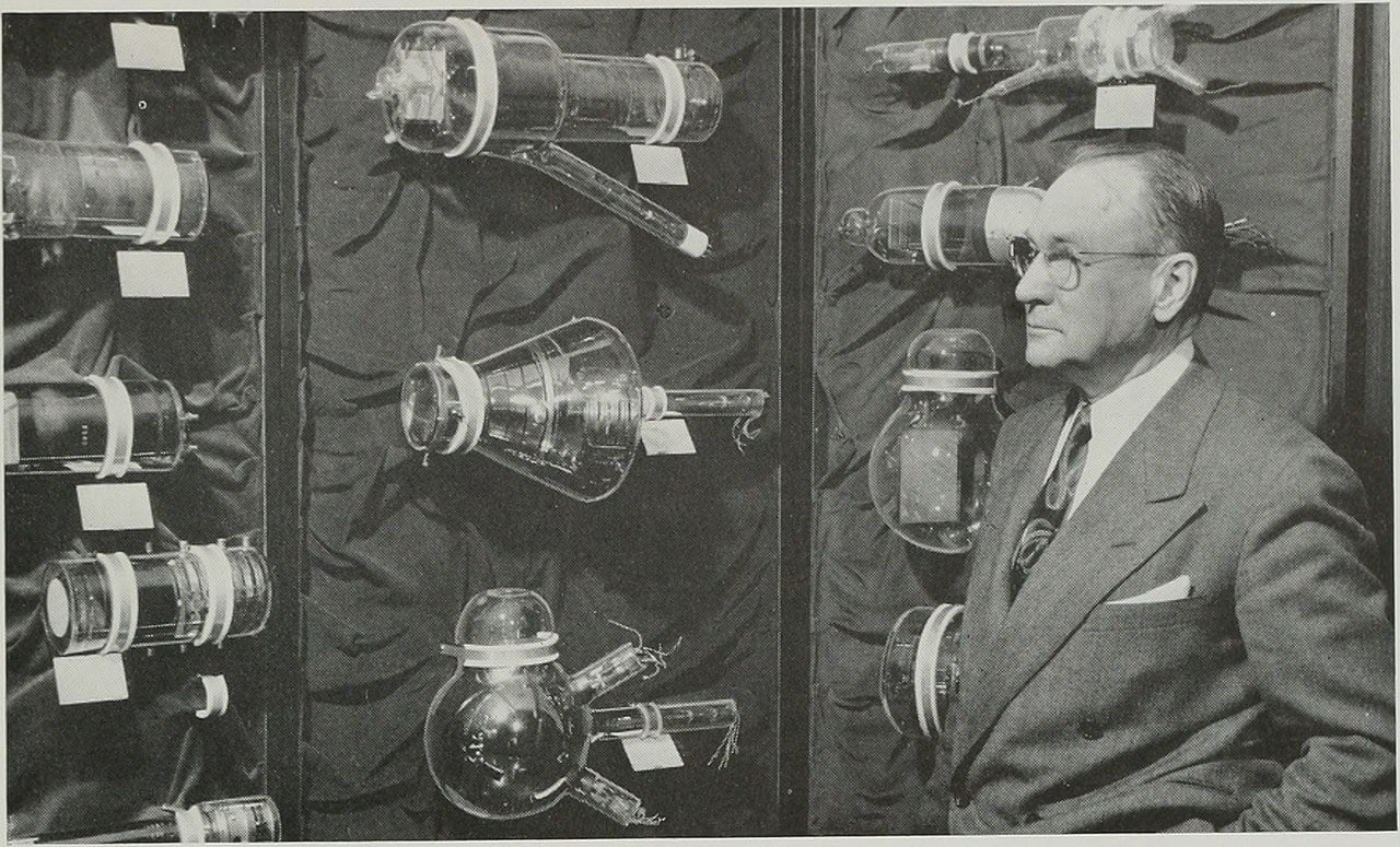 Vladimir_Zworykin_and_historic_TV_tubes Video tube camera