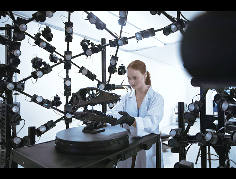 Figure 1: A replica dinosaur skull is placed inside of the 3D digital capture system for scanning.