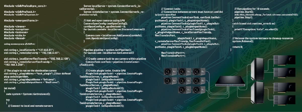 eSDK Pro와 FlexTrans를 사용한 실시간 카메라 스트리밍, GPU 처리, 서버 간 데이터 전송 - 확장 가능하고 모듈식이며 생산에 바로 적용 가능합니다.