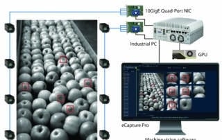 Diagramm zur Veranschaulichung der Konfiguration eines Industrie-PCs für mehrere SWIR-Kameras, die ein Förderband zur Fruchtsortierung abbilden.
