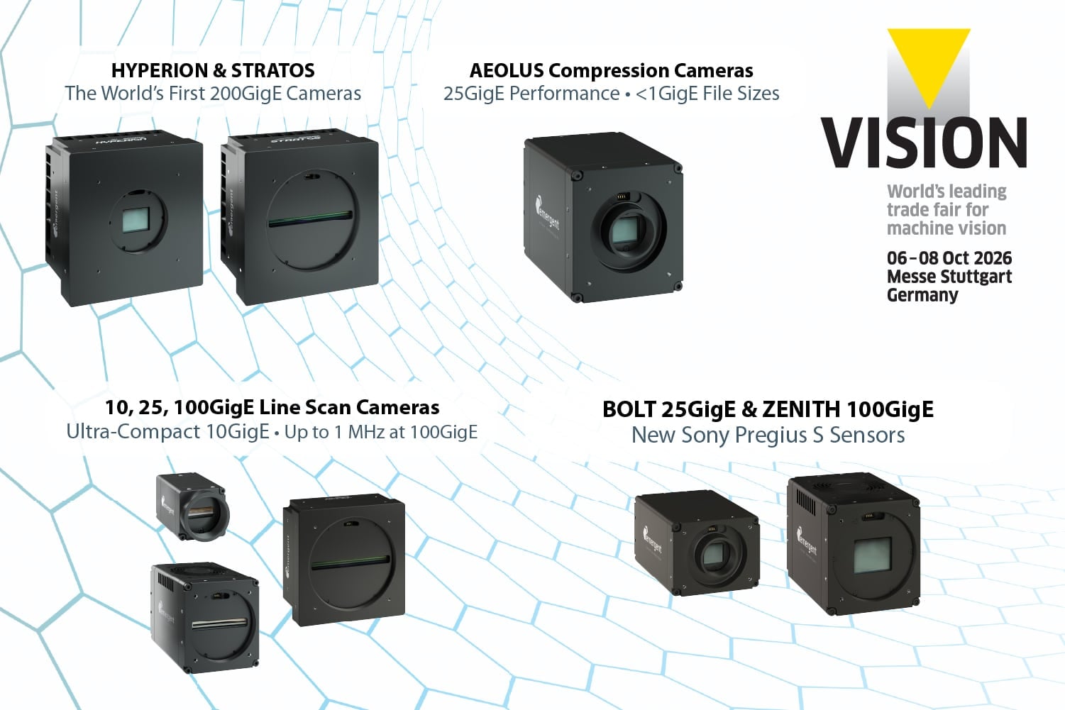 Event details for the VISION Stuttgart 2026 trade fair, which will feature the introduction of 200GigE cameras, H.265 compression cameras and new 10, 25, and 100GigE area scan and line scan cameras